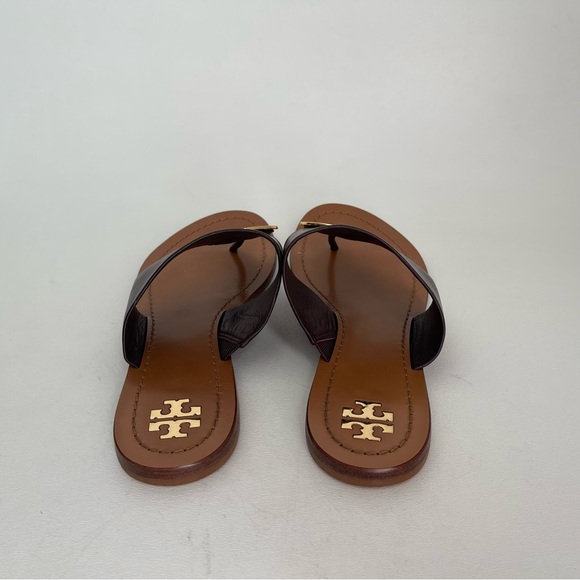 Tory Burch Patos DisK Flat Sandal Slip On Thong Leather Brown Goldtone Open Toe - Picture 7 of 12